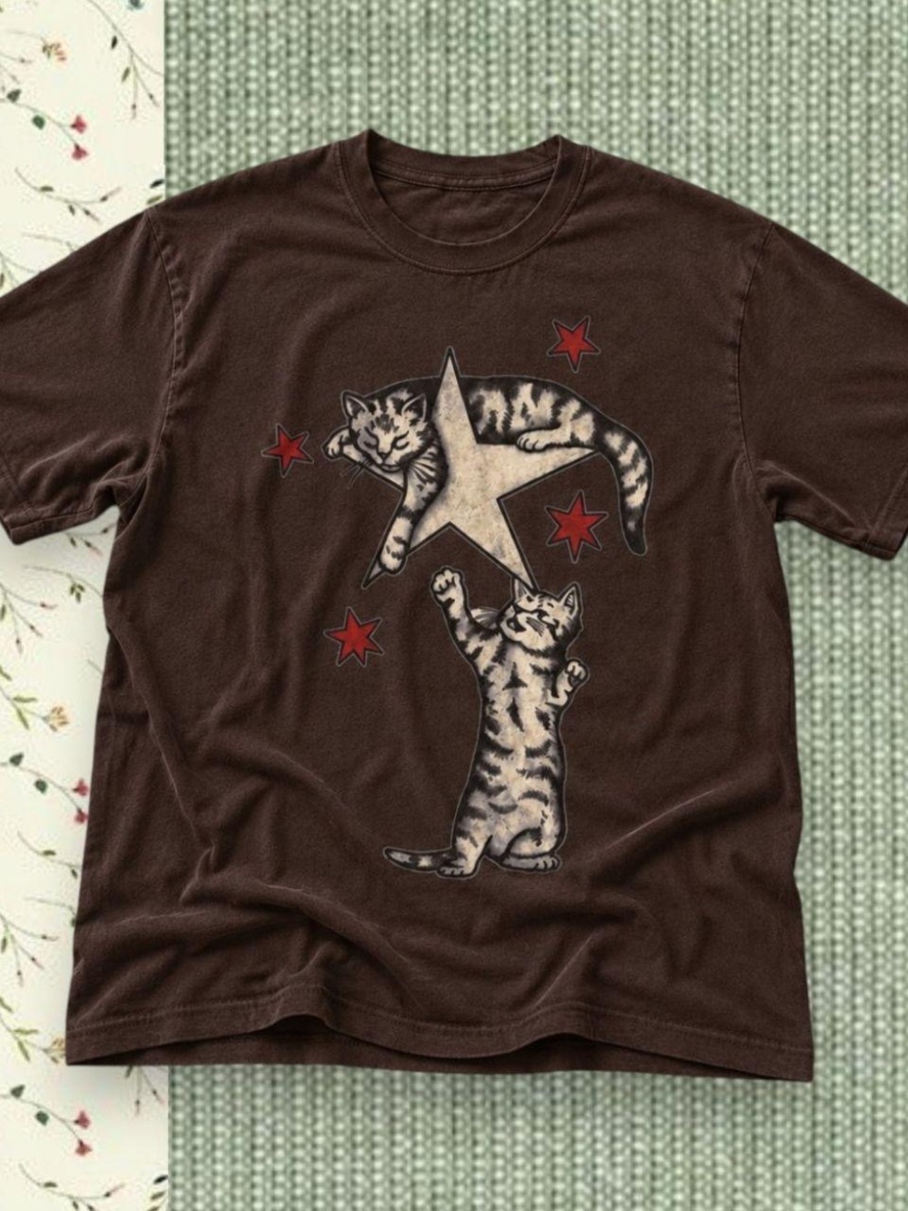 Gildan Brown Tee with Cat and Red Star Graphic